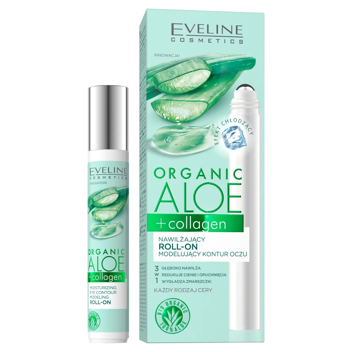 Eveline Cosmetics Organic Aloe + Collagen, nawilżający roll-on pod oczy modelujący kontur, 15 ml