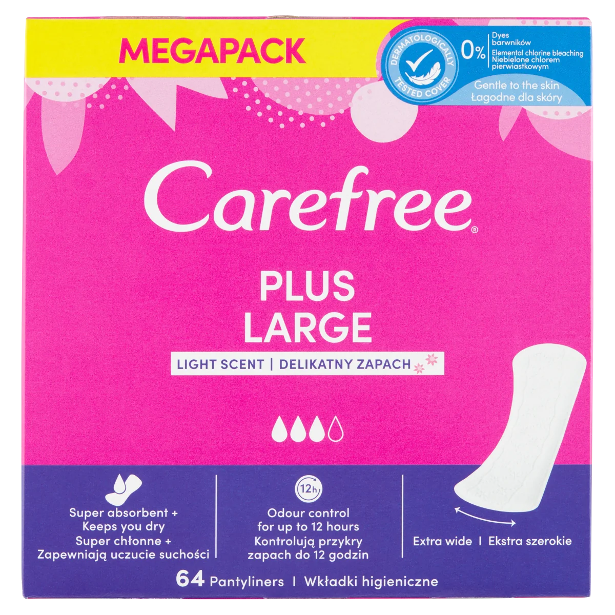 Carefree Plus Large, duże wkładki higieniczne, 64 szt.