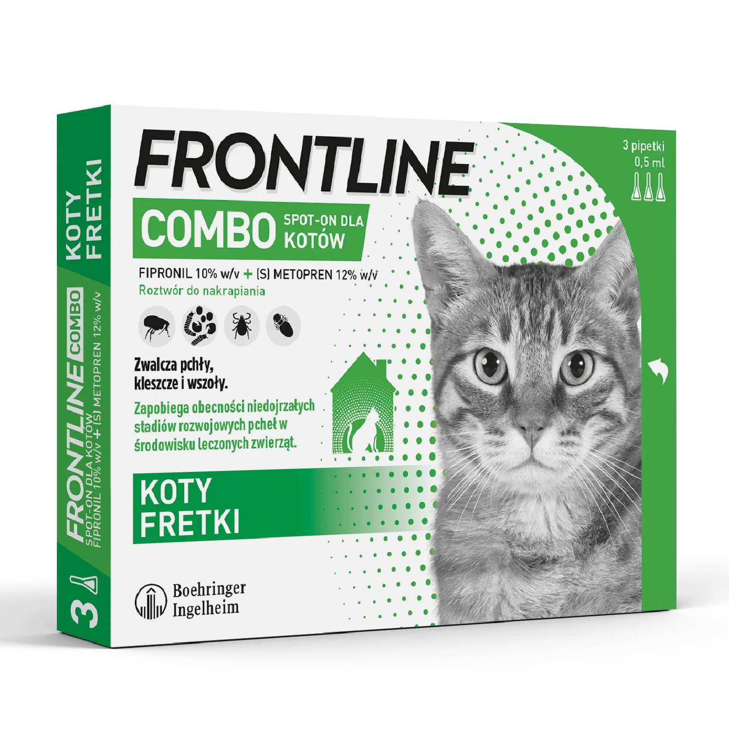 Frontline Combo (50 mg + 60 mg)/0,5 ml, roztwór do nakrapiania dla kotów, 3 x 0,5 ml 