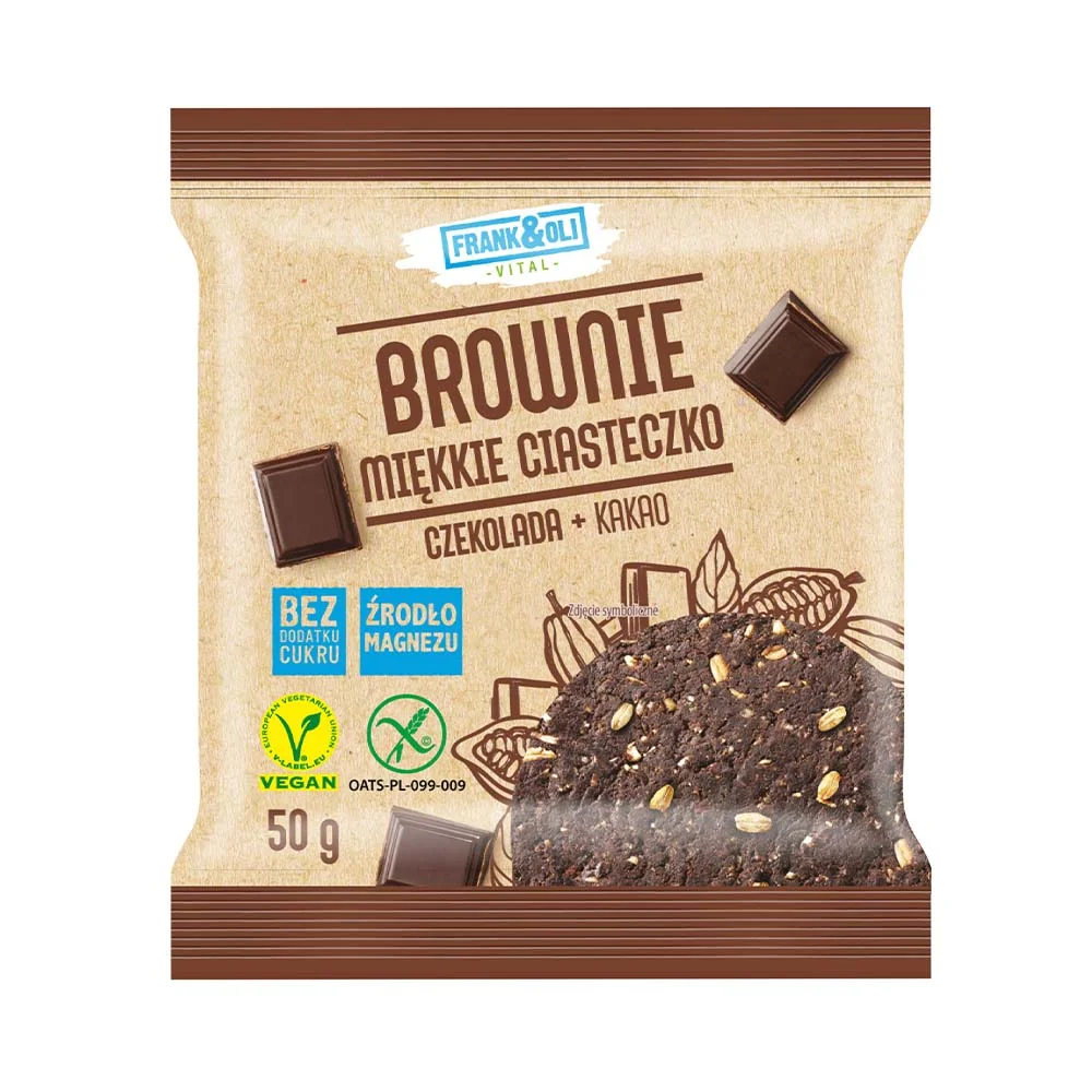 Frank&Oli miękkie ciasteczko brownie czekolada i kakao bez dodatku cukru, 50 g