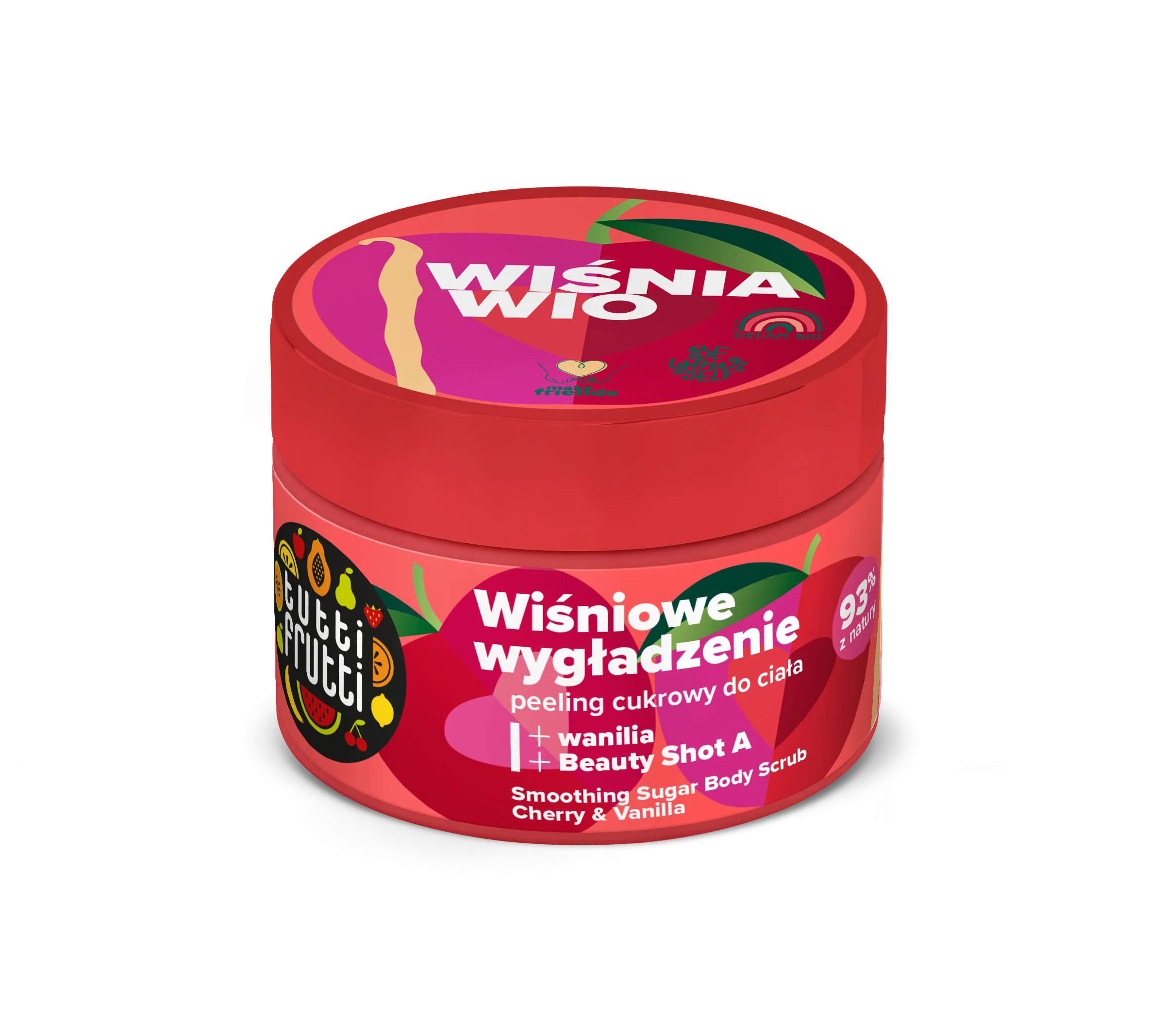 Farmona Tutti Frutti, Wygładzający peeling cukrowy do ciała Wiśnia i Wanilia + Beauty Shot A, 300 g