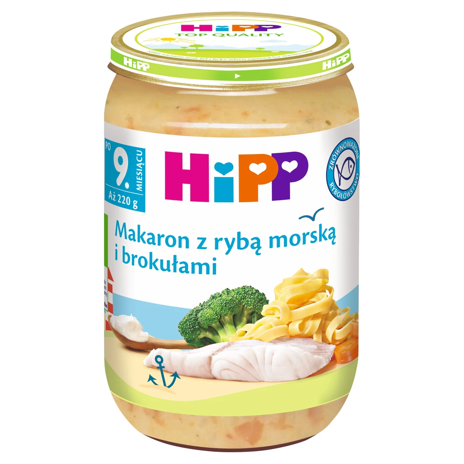 HiPP BIO od pokoleń obiadek makaron z rybą morską i brokułami po 9. miesiącu, 220 g