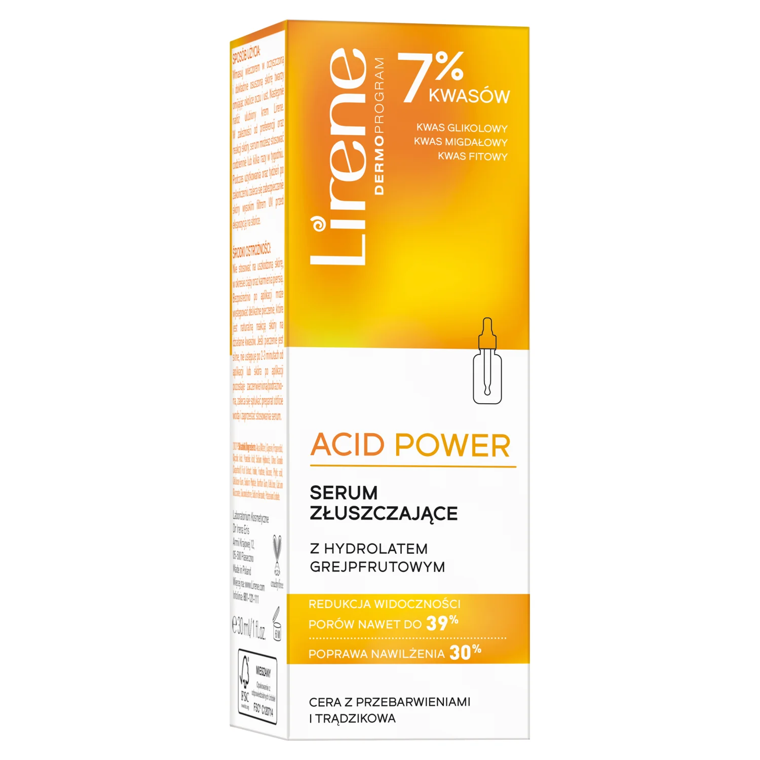 Lirene Acid Power serum do twarzy złuszczające Hydrolat z Grejpfruta, 30 ml