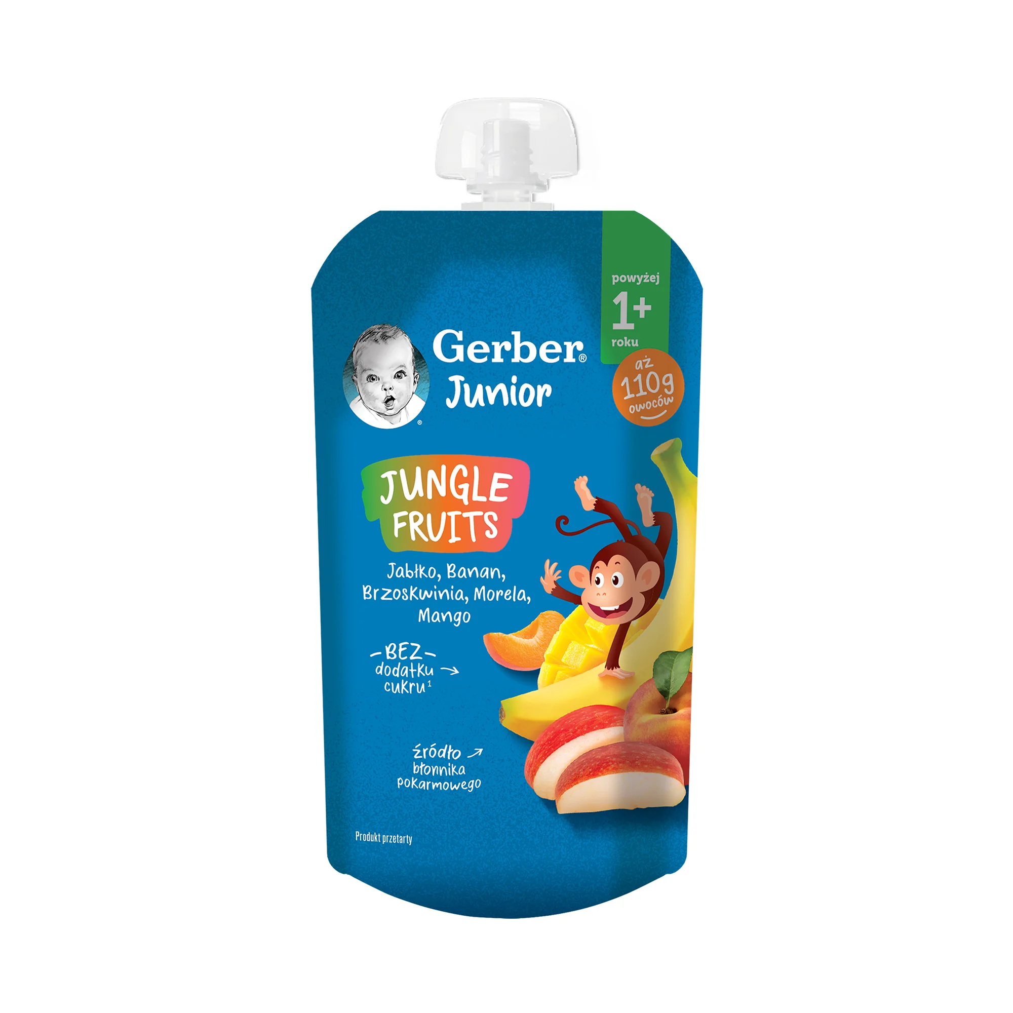 Gerber Junior Jungle Fruits deserek jabłko banan brzoskwinia morela mango powyżej 1+ roku, 110 g