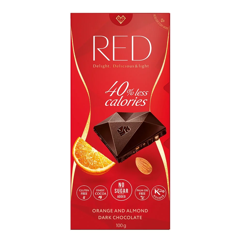 Red Delight Delicious & Light 40% less calories ciemna czekolada z pomarańczą i migdałami, 100 g