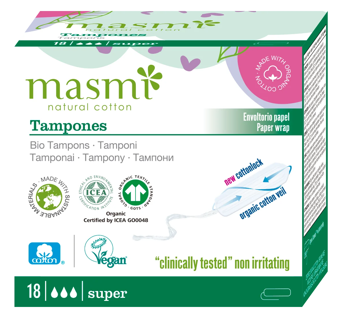 Masmi, tampony  z bawełny organicznej bez aplikatora Super, 18 szt.