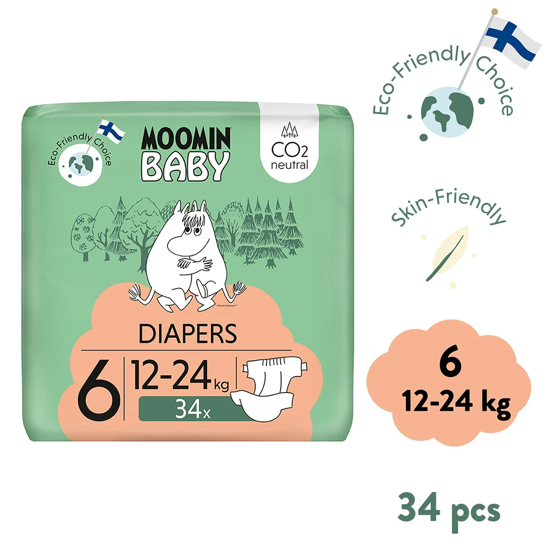 Moomin Baby, pieluszki 6 Junior, 12-24kg, 34 szt.