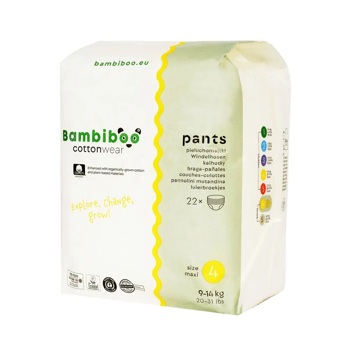 Zestaw 8 X 22 szt. - Jednorazowe pieluchomajtki Bambiboo COTTONWEAR z  bawełną organiczną dla dzieci, rozmiar 4 Maxi (9-14kg)