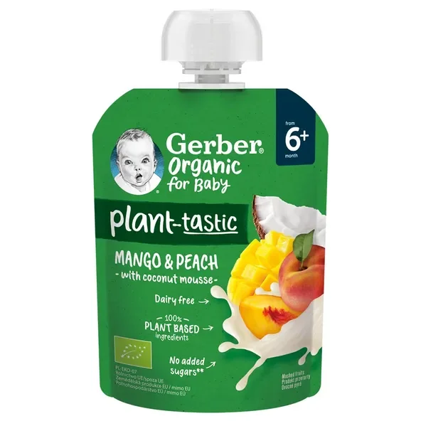 Gerber Organic Plant-tastic deserek mango i brzoskwinia z musem kokosowym po 6 miesiącu, 80 g