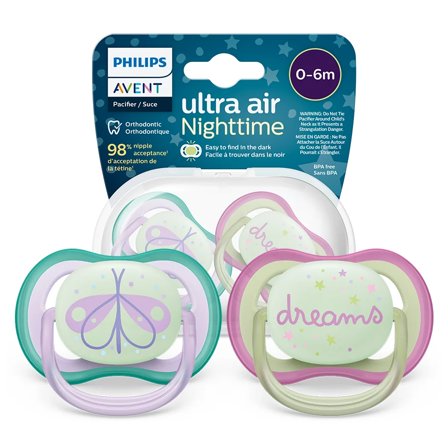 Philips Avent Ultra Air Nighttime SCF376/19, smoczek uspokajający ortodontyczny 0-6m, 2 szt.