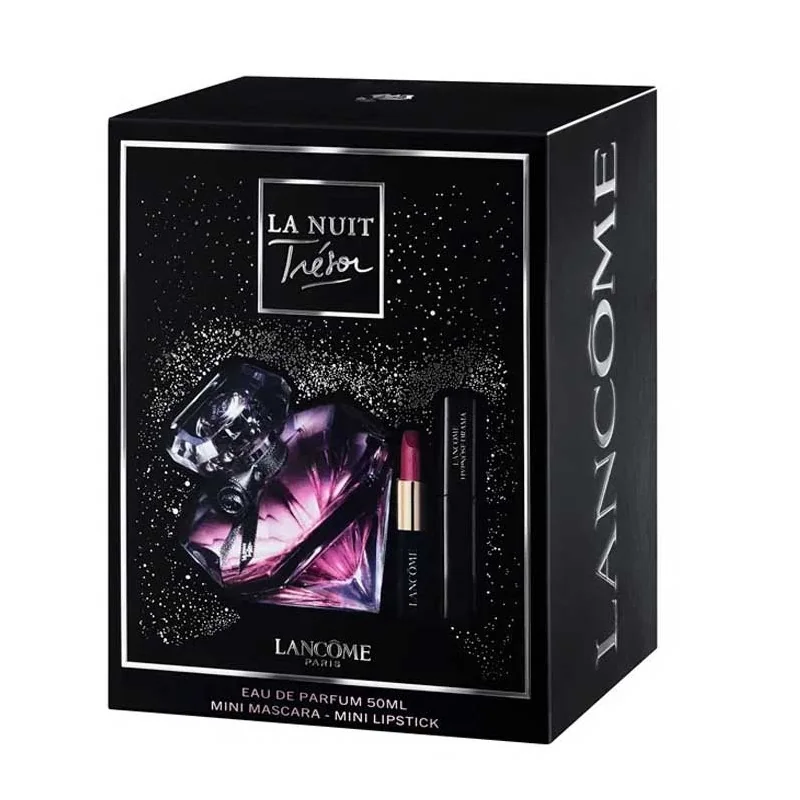 Lancome Tresor La Nuit Tresor zestaw woda perfumowana spray 50ml + L' Absolu Rouge Matte pomadka do ust 505 Attrape Coeur + Hypnose Drama mini tusz do rzęs 01 Excessive Black 2ml