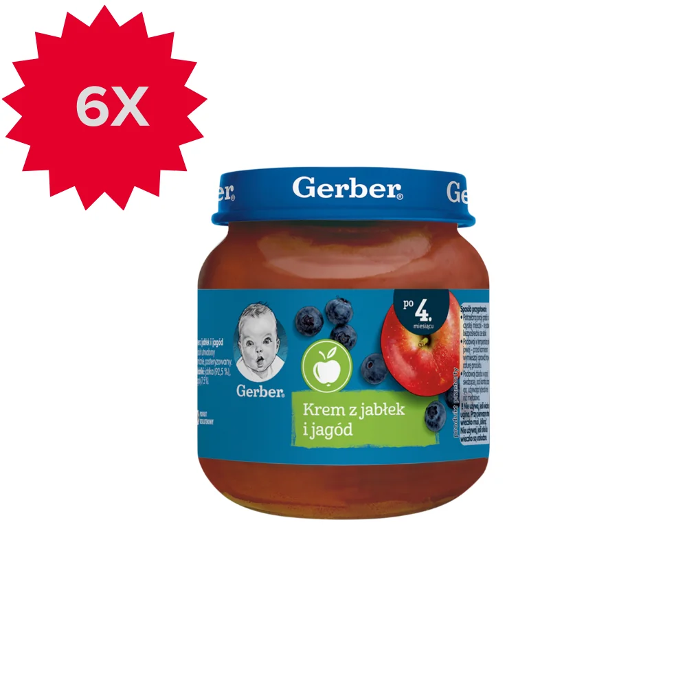 Gerber krem z jabłek i jagód dla niemowląt powyżej 4 miesiąca, 6 x 125 g