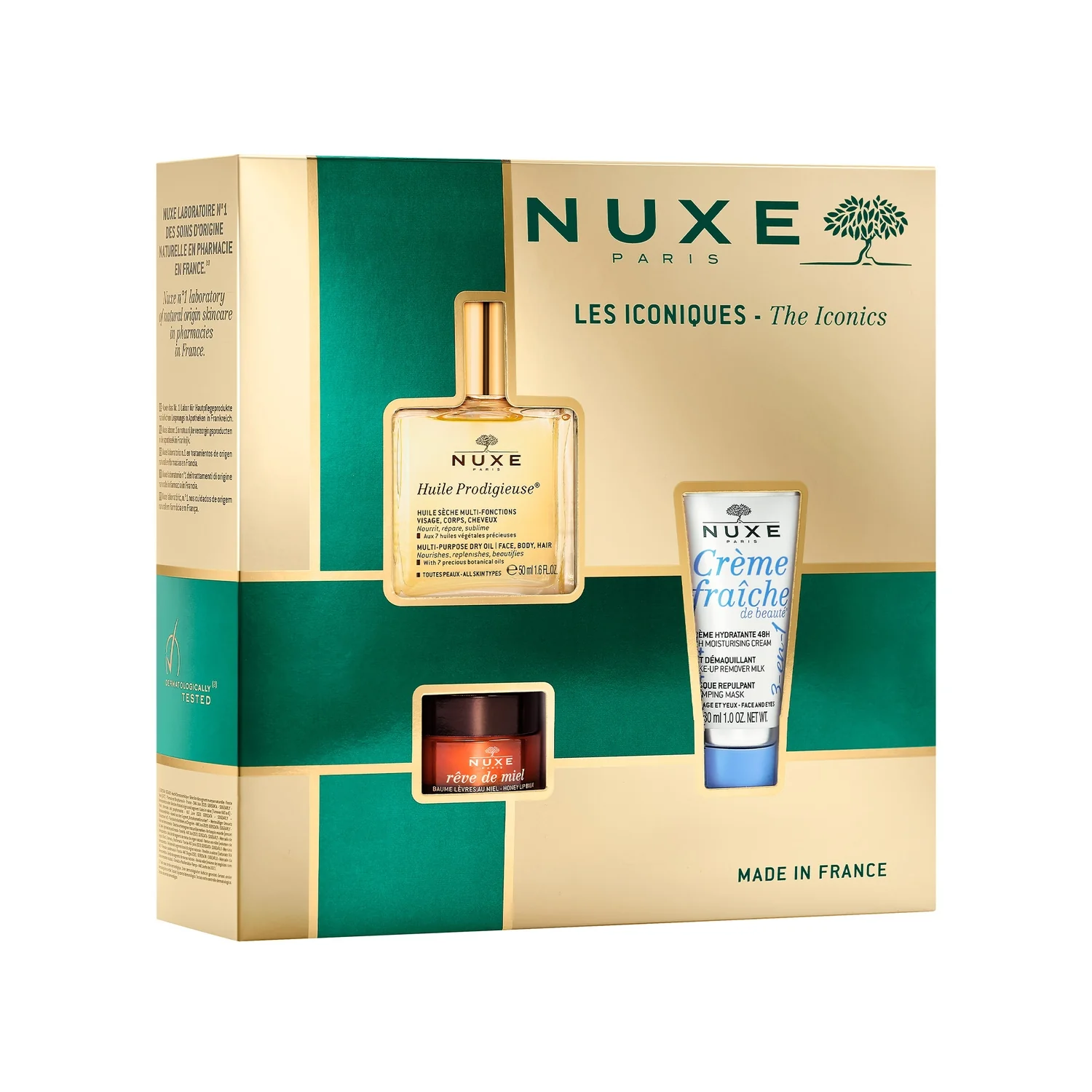 Nuxe Huile Prodigieuse suchy olejek do pielęgnacji twarzy, ciała i włosów, 50 ml + Rêve de Miel odżywczy balsam do ust, 15 g + Crème fraîche de Beauté krem nawilżający 3 w 1, 30 ml