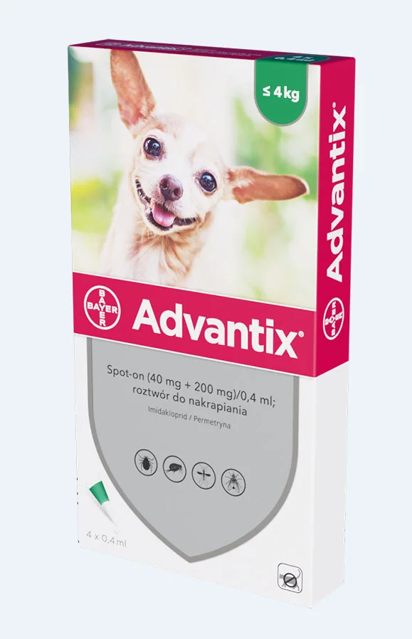 Advantix Spot-on Na Kleszcze i Pchły, (40 mg + 200 mg)/0,4 ml; roztwór do nakrapiania dla psów do 4 kg, 4 × 0,4 ml