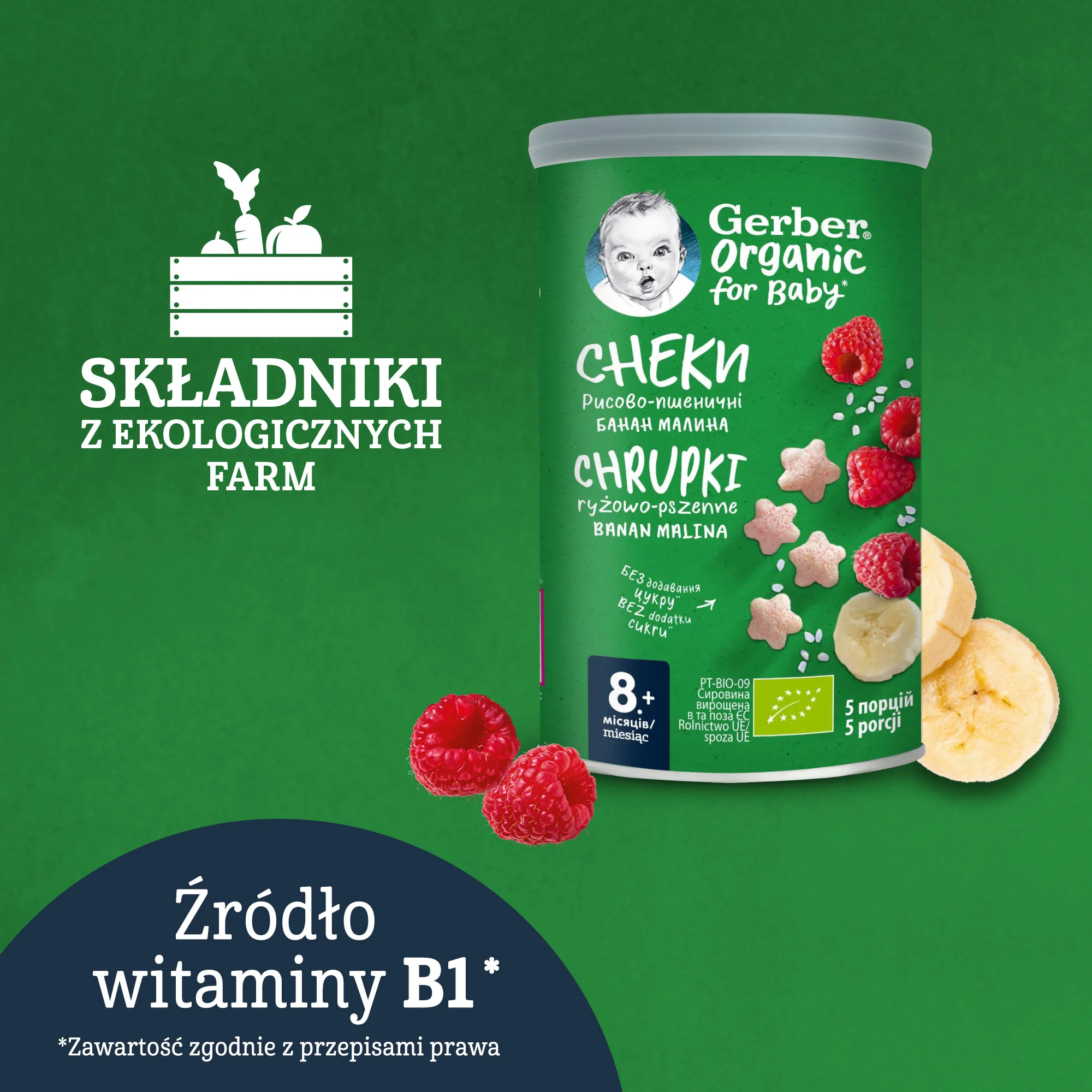 Gerber Organic Nutri Puffs chrupki ryżowo-pszenne banan, malina od 8 miesiąca życia, 35 g