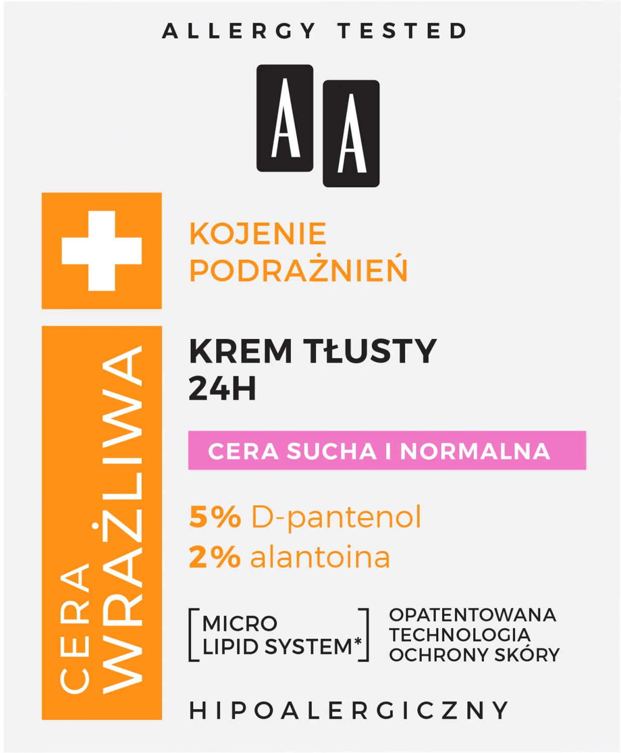 AA CERA WRAŻLIWA, Krem tłusty do cery suchej i normalnej 24h, 18 ml