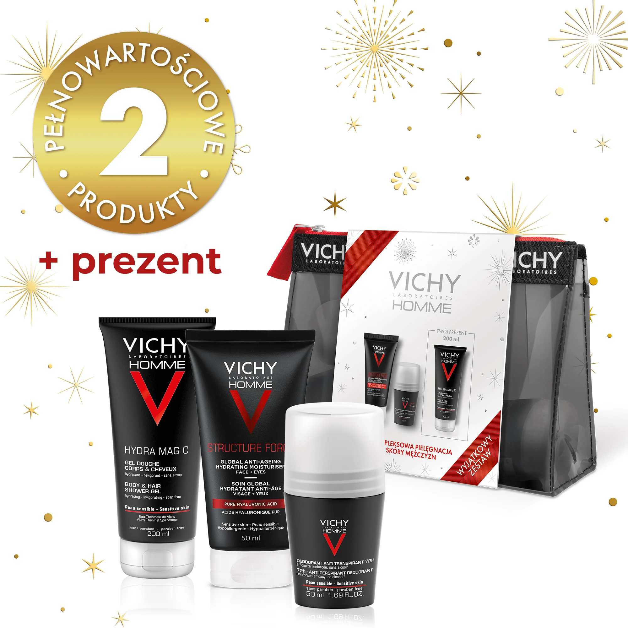 Vichy Homme zestaw w kosmetyczce Structure Force przeciwzmarszczkowy krem wzmacniający + antyperspirant w kulce 72 h + Hydra Mag C żel pod prysznic, 50 ml + 50 ml + 200 ml 