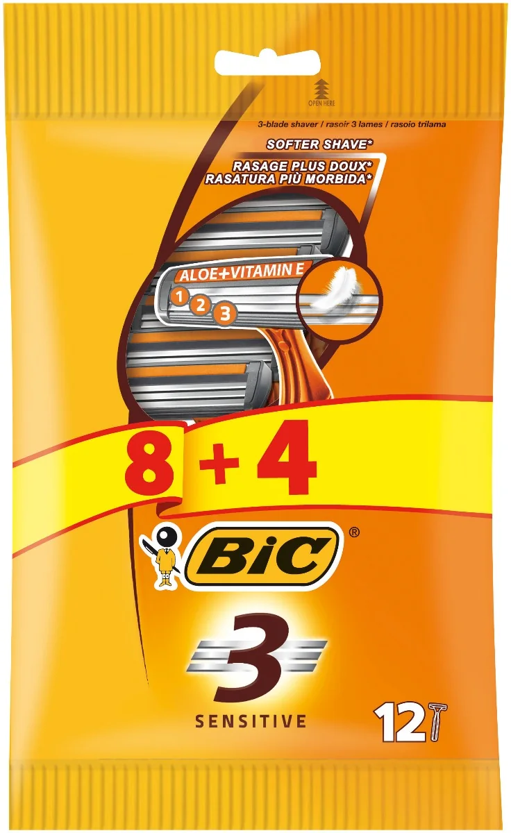 BiC 3 Sensitive jednoczęściowe maszynki do golenia dla mężczyzn, 12 szt.