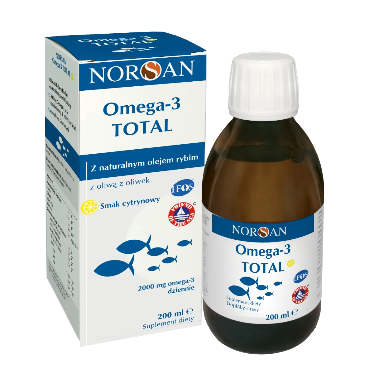 Norsan Omega-3 Total, płynny olej rybny z witaminą D o smaku cytrynowym, 200 ml