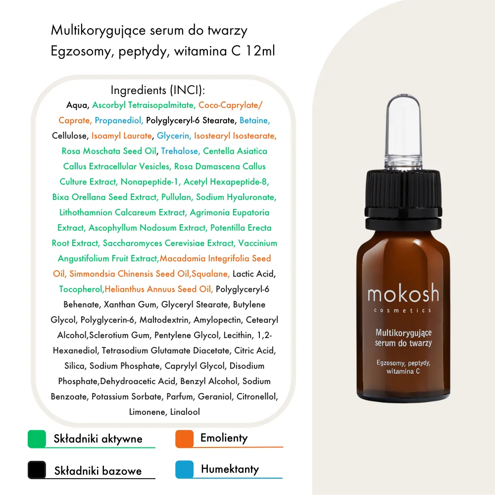 Mokosh Multikorygujące serum do twarzy Egzosomy, peptydy, witamina C, 12 ml