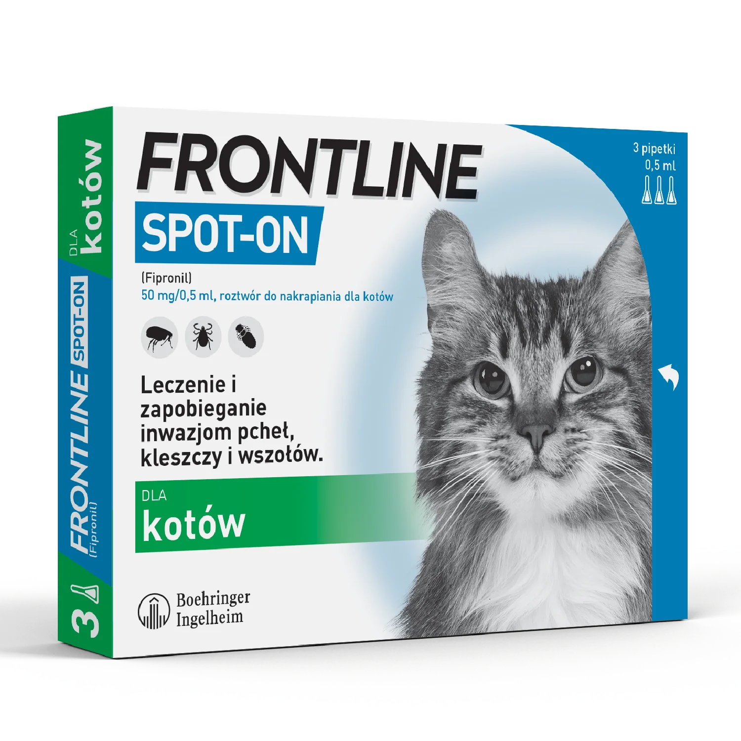 Frontline Spot-on, 50 mg/0,5 ml, roztwór do nakrapiania dla kotów, 3 x 0,5 ml