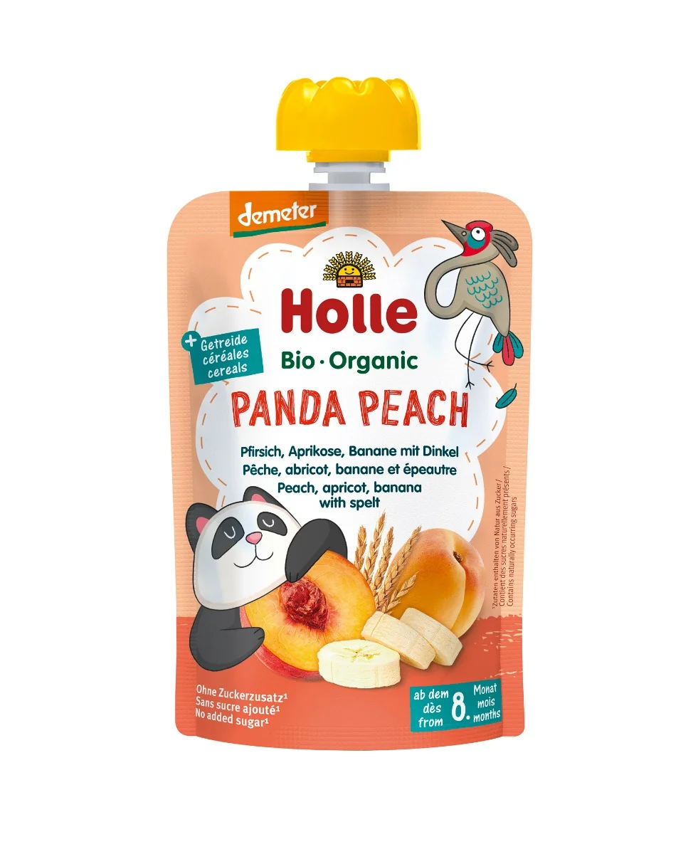 Holle BIO Organic Panda Peach mus brzoskwinia, morela, banan z orkiszem, 100 g