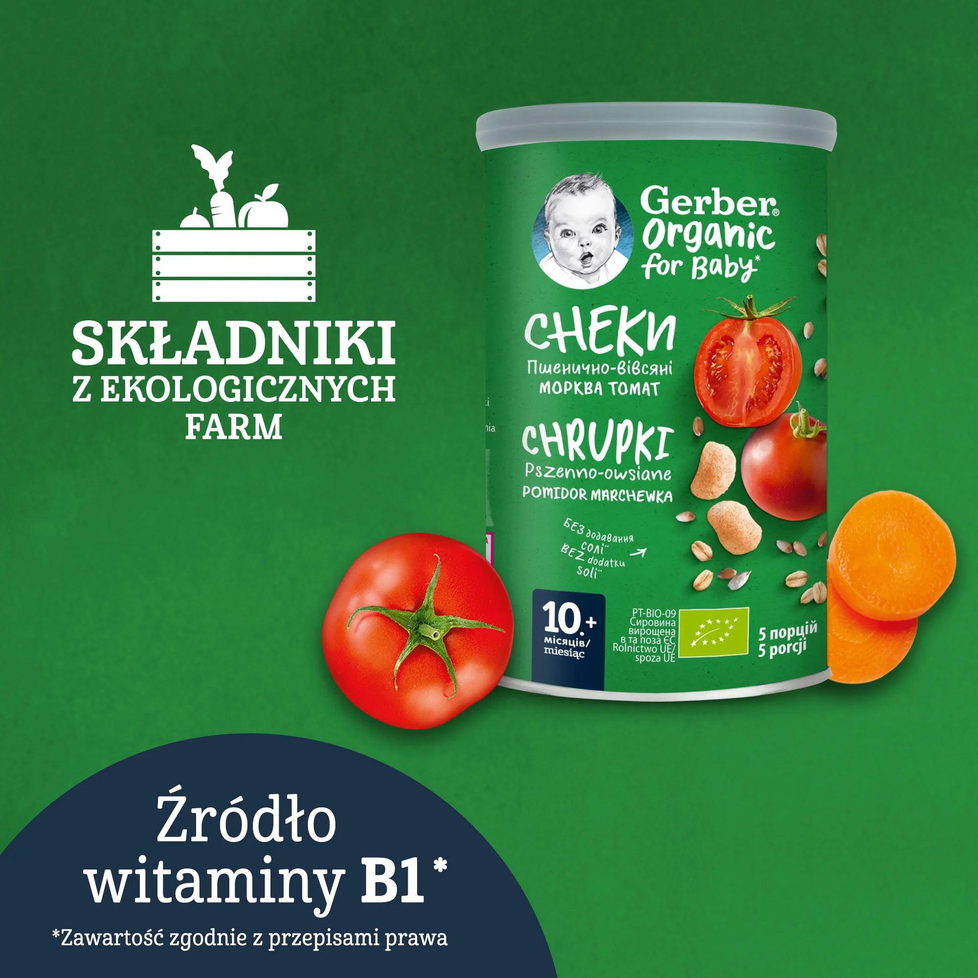 Gerber Organic chrupki pszenno-owsiane pomidor, marchewka dla niemowląt po 10 miesiącu, 35 g