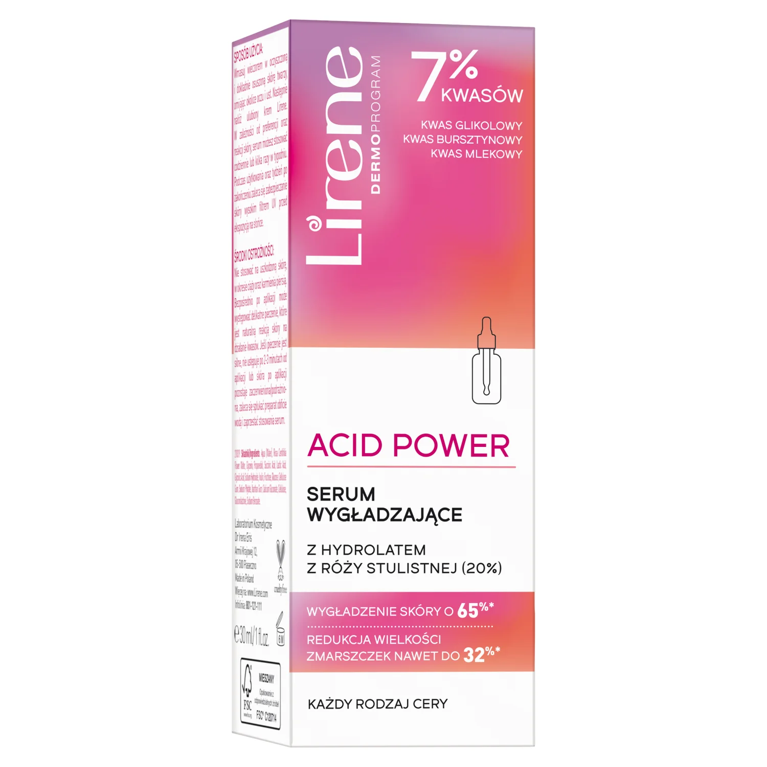 Lirene Acid Power serum do twarzy wygładzające Hydrolat z Róży Stulistnej, 30 ml