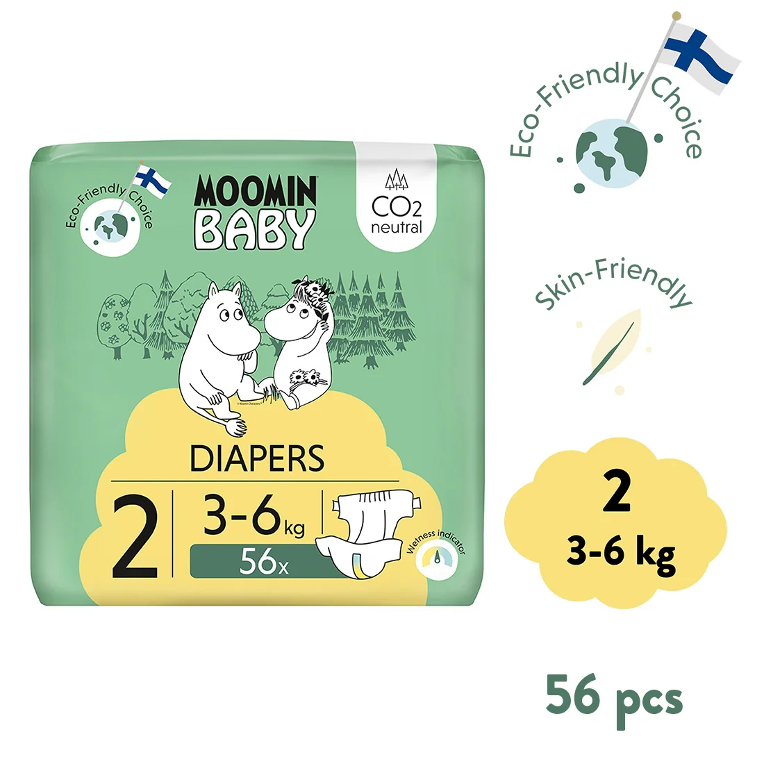 Moomin Baby, pieluszki 2 Newborn 3-6 kg, 56 szt.