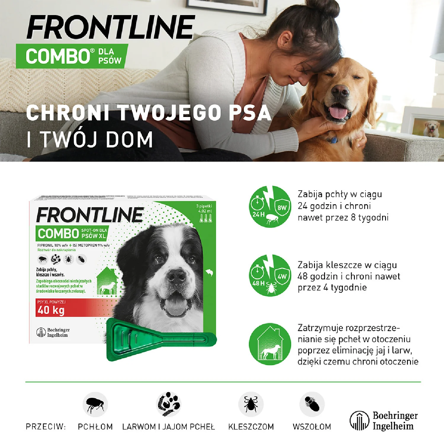 Frontline Combo XL, (402,00 mg + 361,80 mg)/4,02 ml, roztwór do nakrapiania dla psów >40 kg, 3 x 4,02 ml 