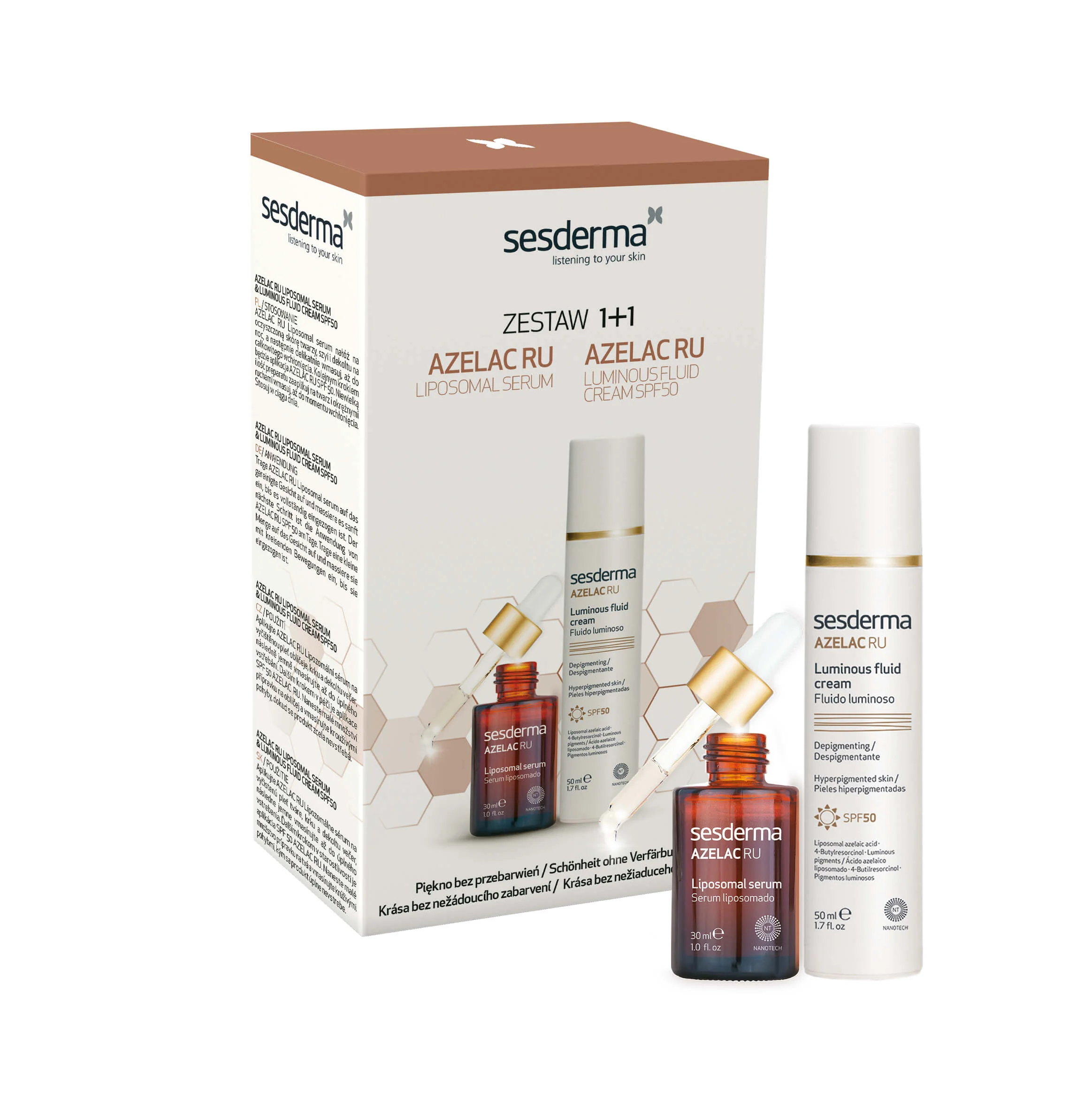 Sesderma Azelac RU Zestaw Emulsja rozświetlająca SPF50, 50ml + Serum liposomowe, 30ml