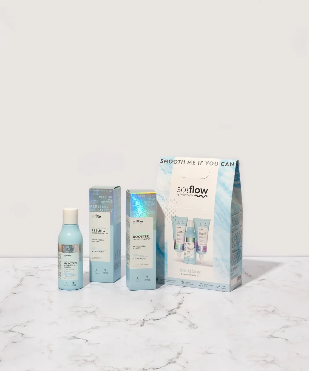 VisPlantis so!flow Zestaw kosmetyków dla włosomaniaczki Boski Box peeling, booster, mleczko, 150 ml + 100 ml + 100 ml 