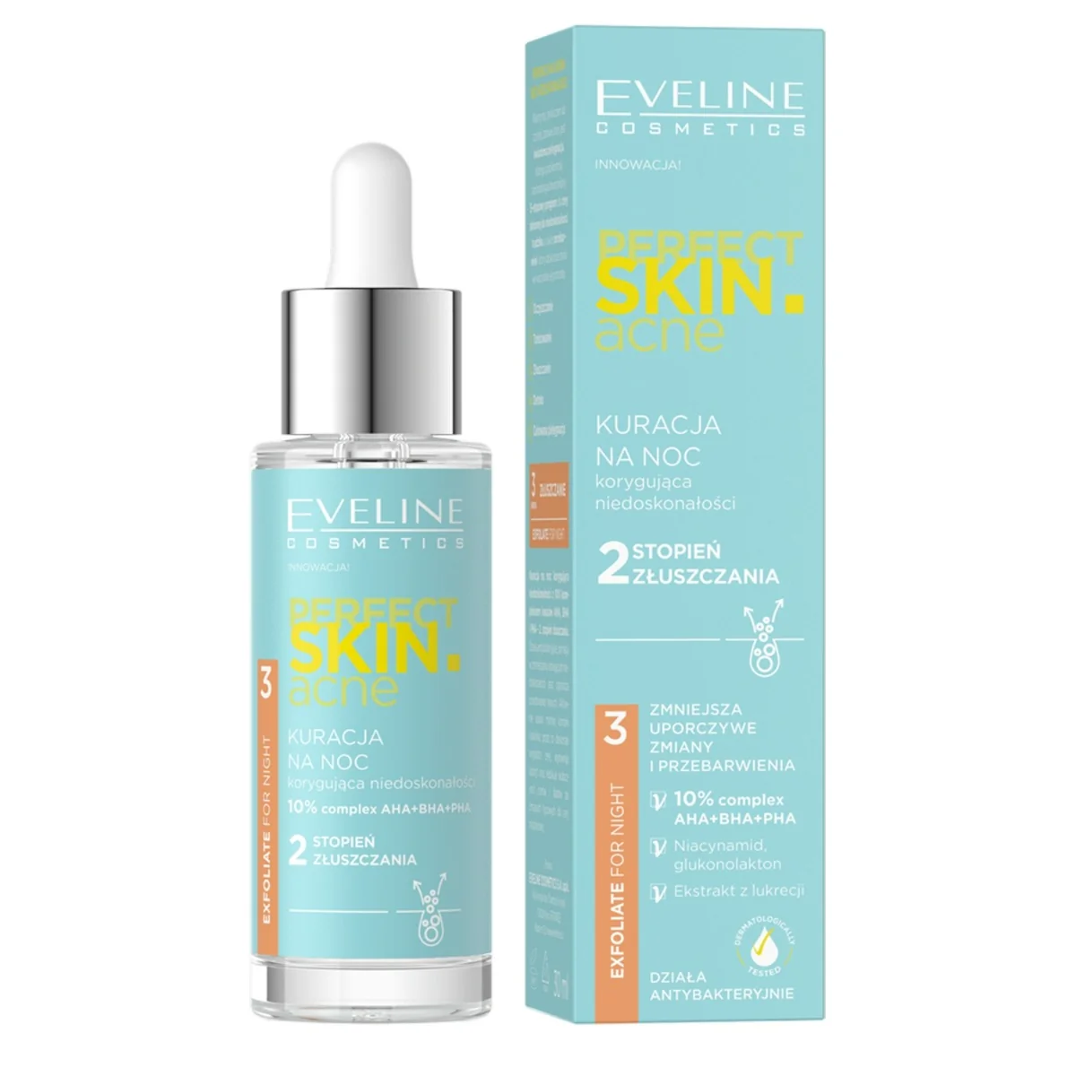 Eveline Cosmetics Perfect Skin.acne Kuracja na noc korygująca niedoskonałości – 2 stopień złuszczania, 30 ml