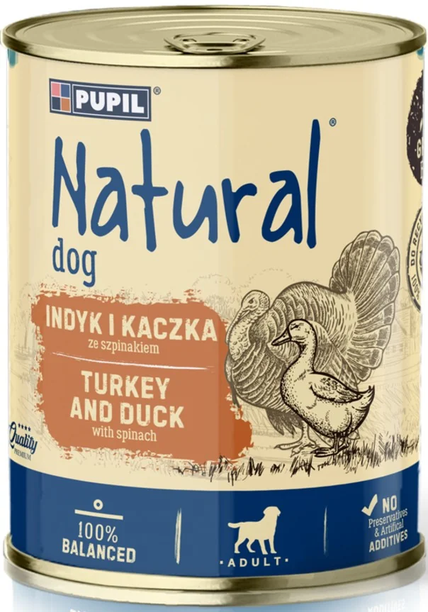 NATURAL, indyk i kaczka ze szpinakiem, mięsna karma dla psów, 800 g