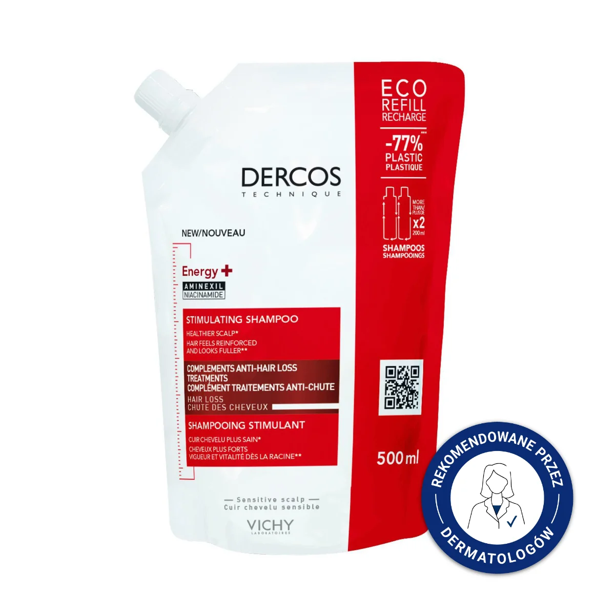 Vichy Dercos, Energy+ Szampon Wzmacniający Włosy - Uzupełnienie (Refill), 500ml