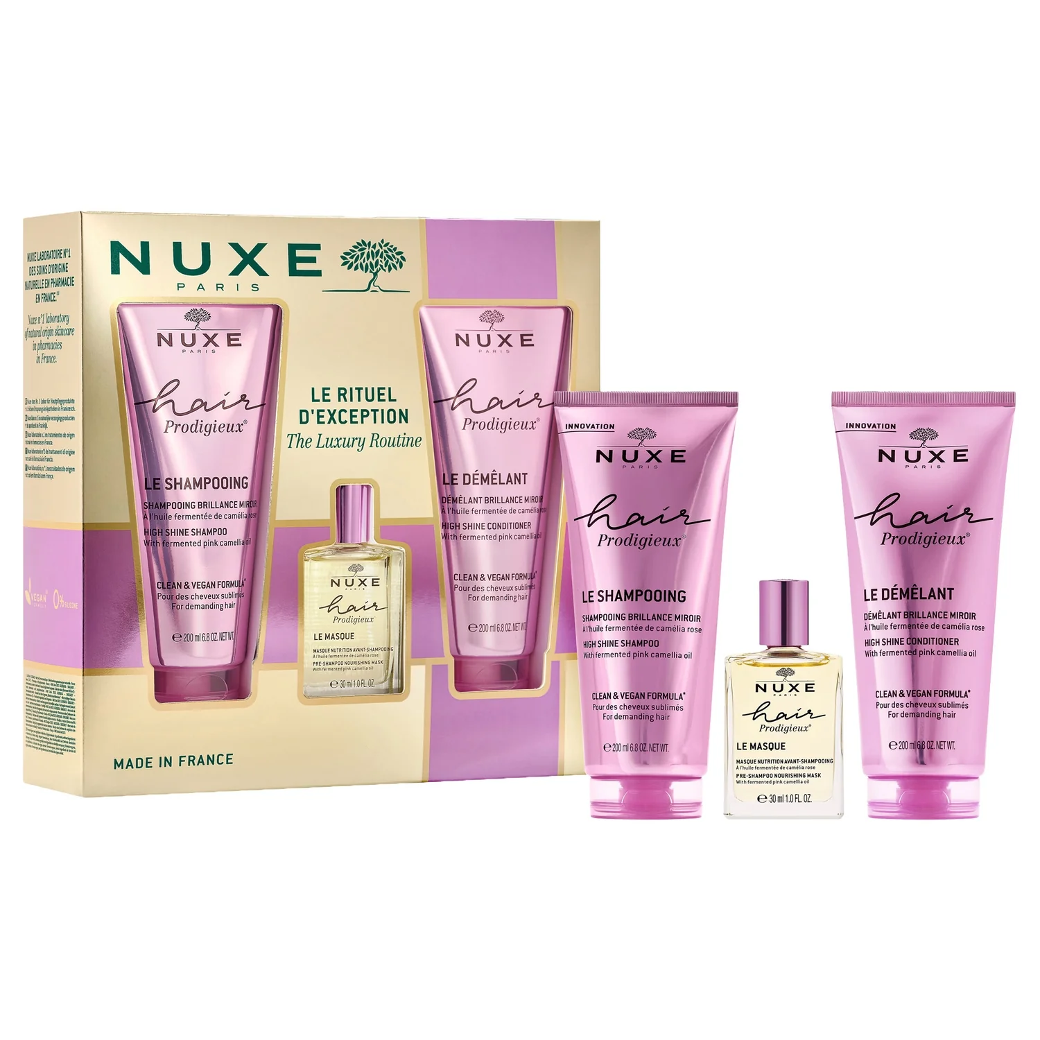 Nuxe Hair Prodigieux szampon nabłyszczający, 200 ml + maska odżywiająca do stosowania przed szamponem, 30 ml + odżywka nabłyszczająca, 200 ml 