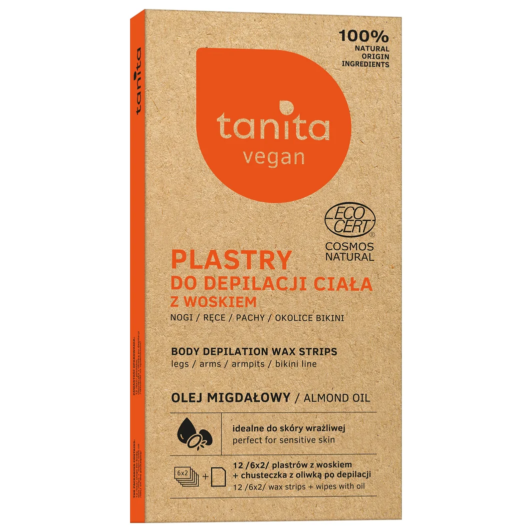 Tanita Vegan plastry do depilacji ciała z woskiem, olej migdałowy, 12 szt + chusteczka z oliwką