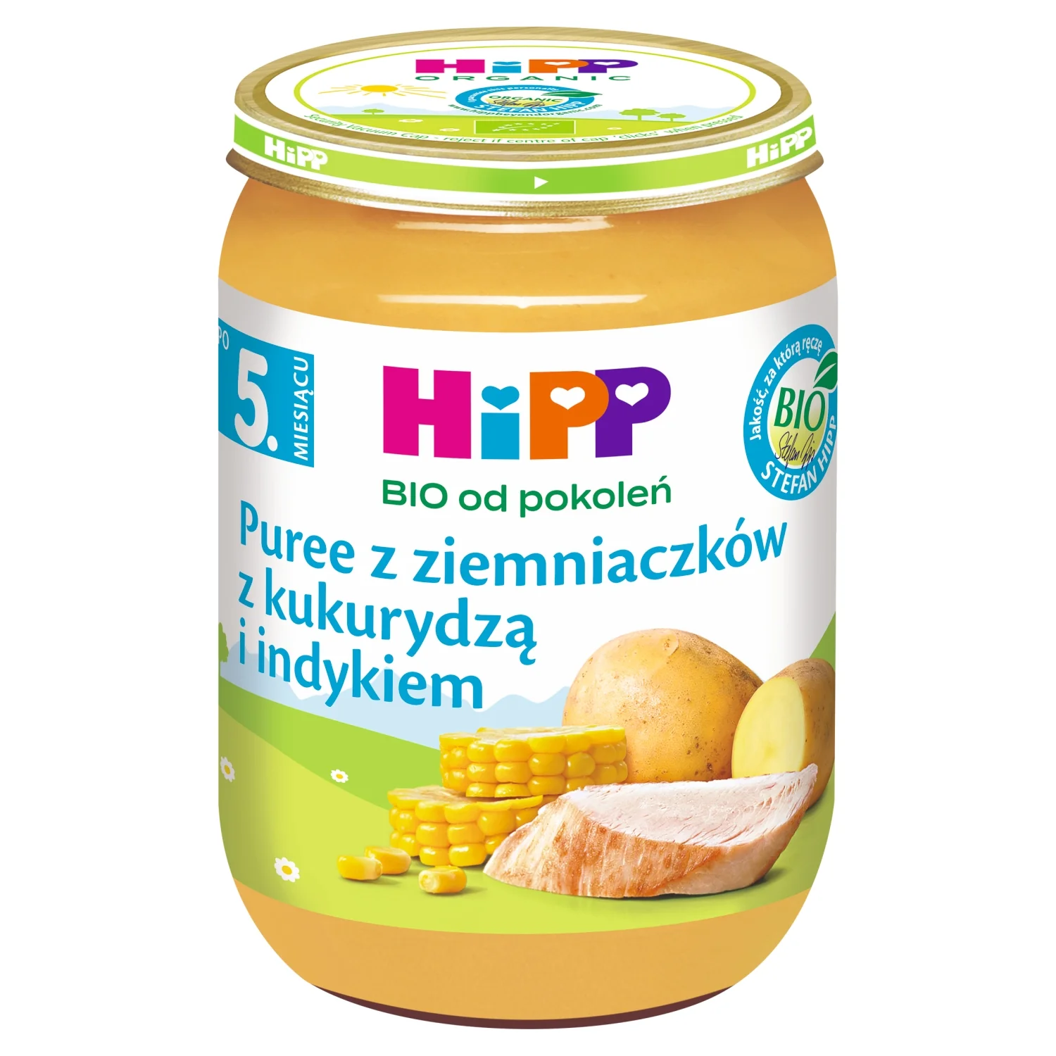 HiPP BIO od pokoleń obiadek puree z ziemniaczków z kukurydzą i indykiem po 5. miesiącu, 190 g