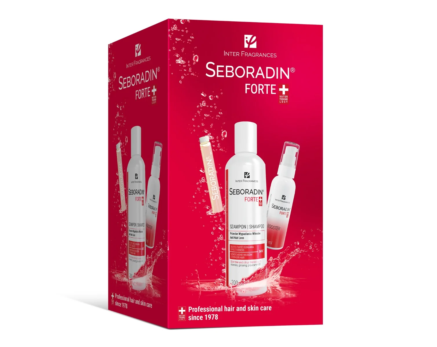 Seboradin Forte, zestaw przeciw wypadaniu włosów 2+1: szampon + ampułki + booster, 200 ml + 14 x 5,5 ml + 50 ml