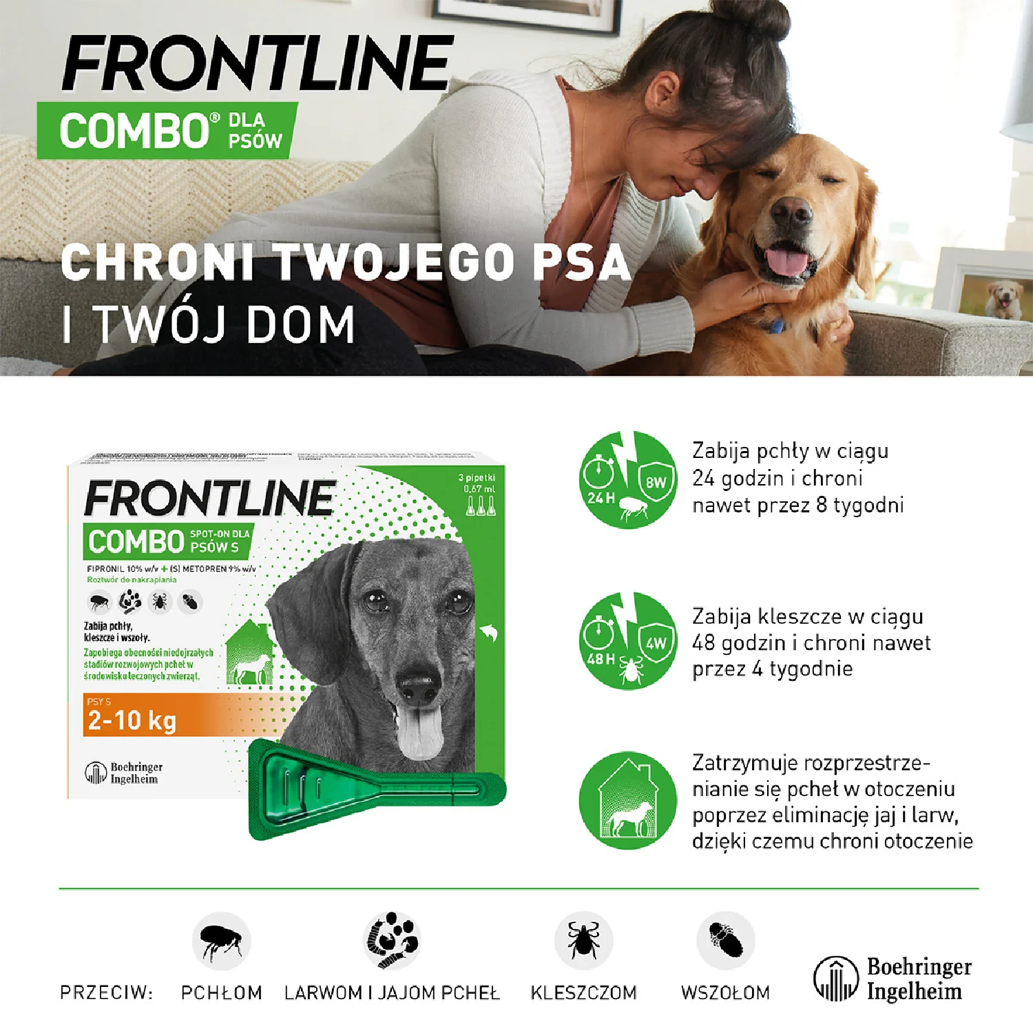 Frontline Combo S, (67 mg + 60,30 mg)/0,67 ml, roztwór do nakrapiania dla psów 2-10 kg, 3 x 0,67 ml 