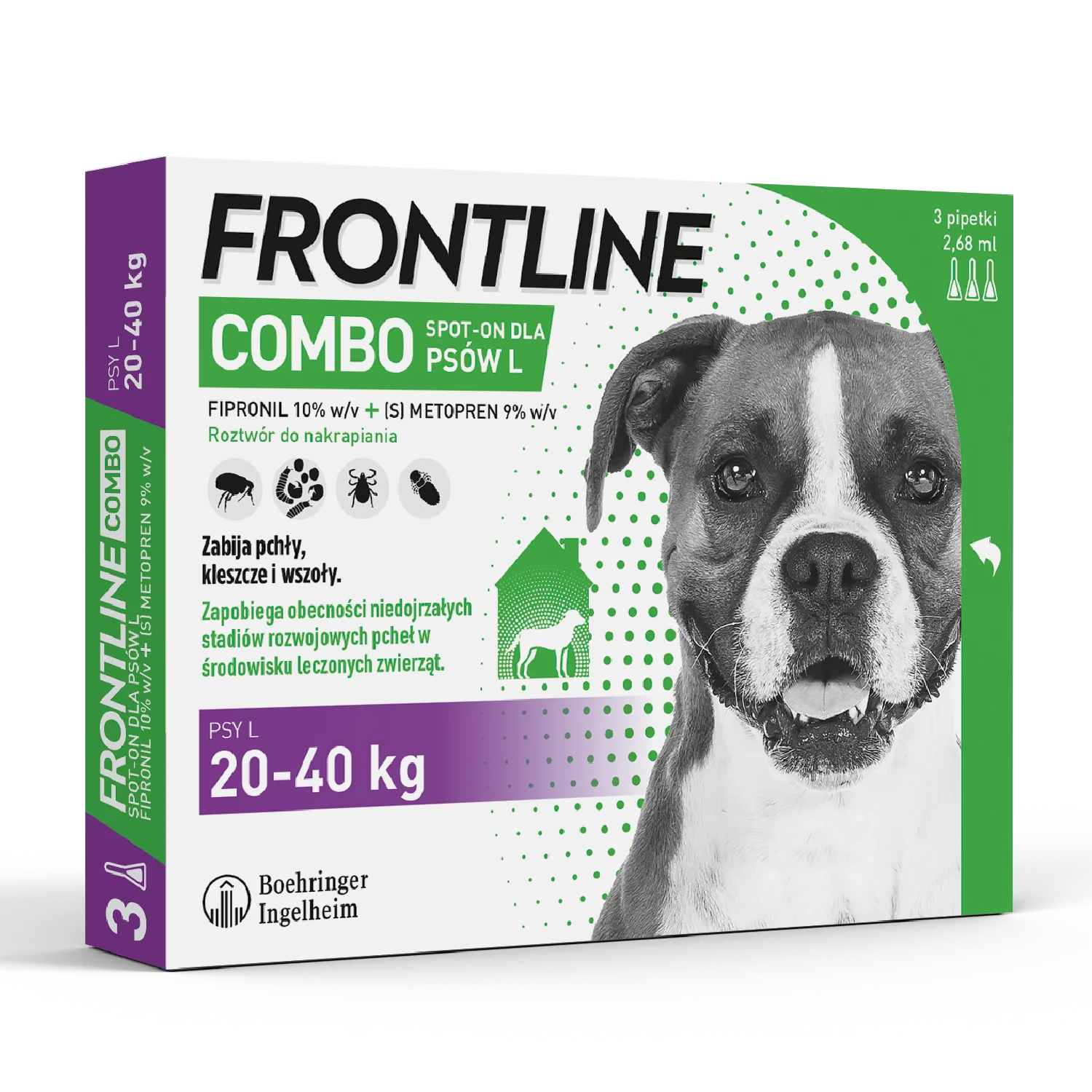 Frontline Combo L, (268 mg + 241,20 mg)/2,68 ml, roztwór do nakrapiania dla psów 20-40 kg, 3 x 2,68 ml