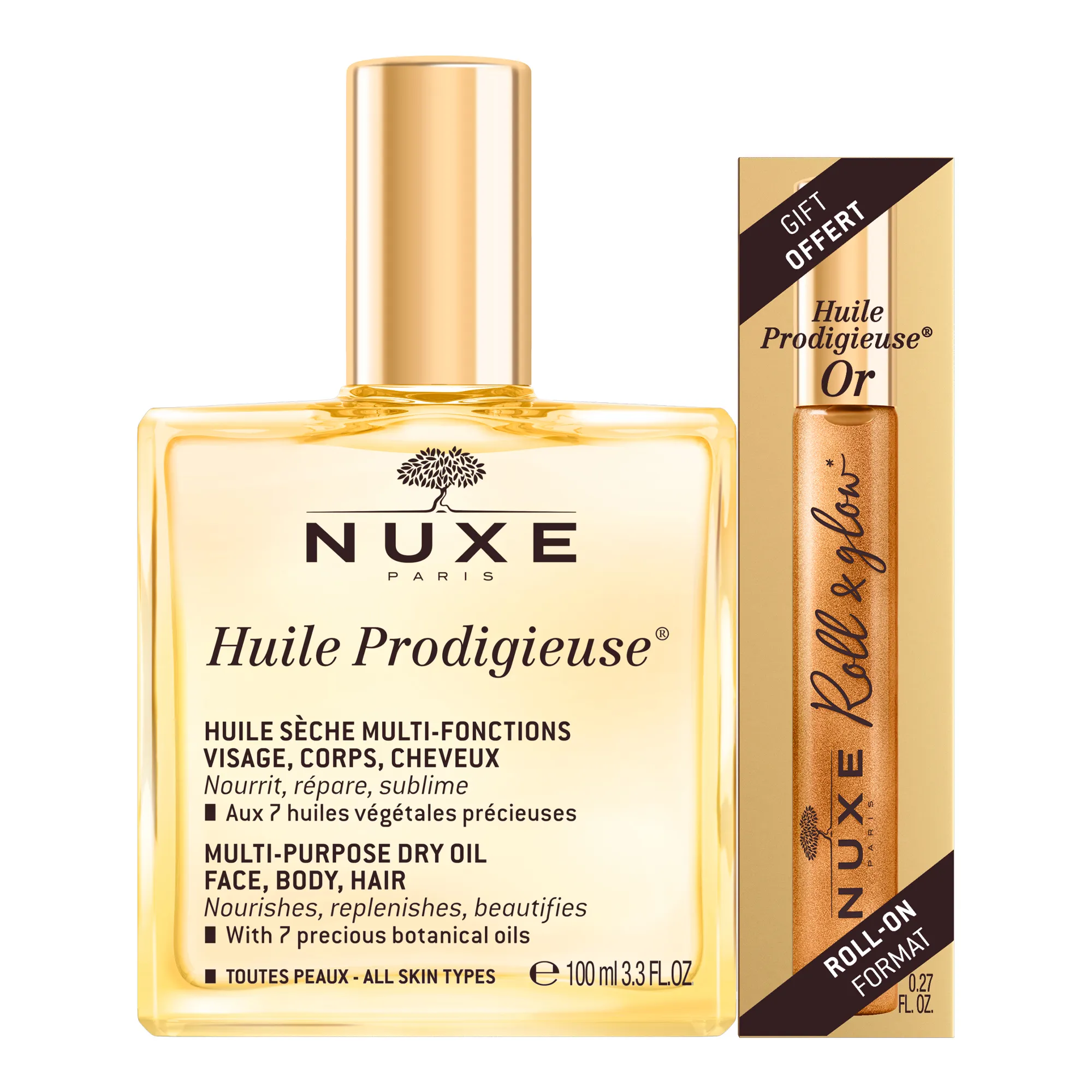 Nuxe Huile Prodigieuse, suchy olejek pielęgnacyjny, 100 ml + suchy olejek pielęgnacyjny ze złotymi drobinkami, 8 ml 