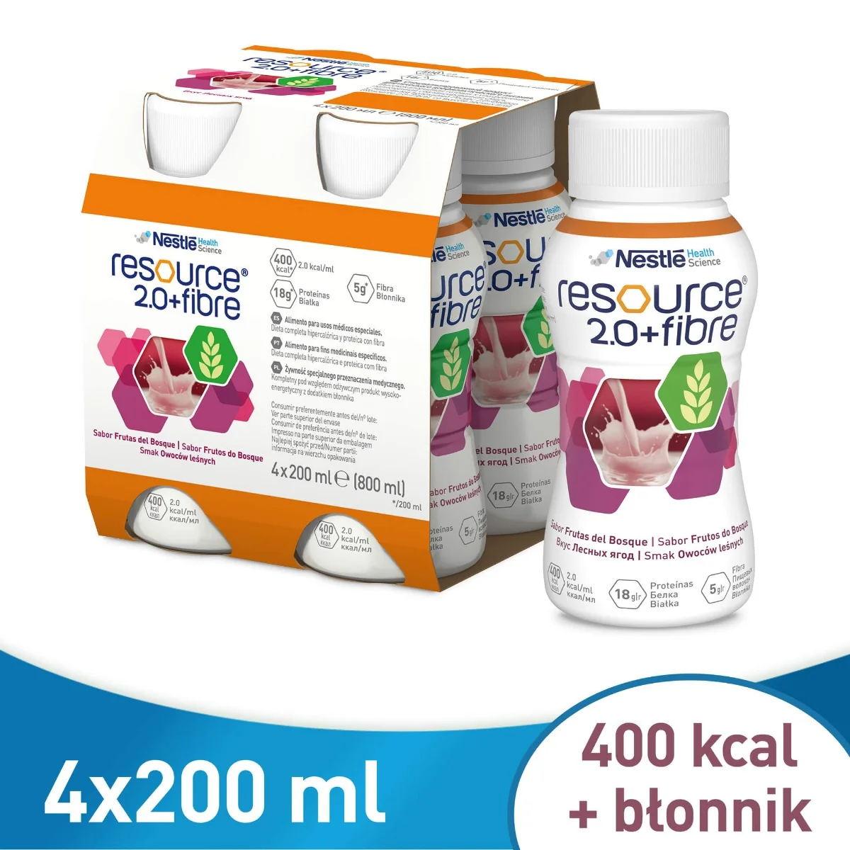 Resource 2.0+Fibre preparat odżywczy w płynie, smak owoców leśnych, 4 x 200 ml