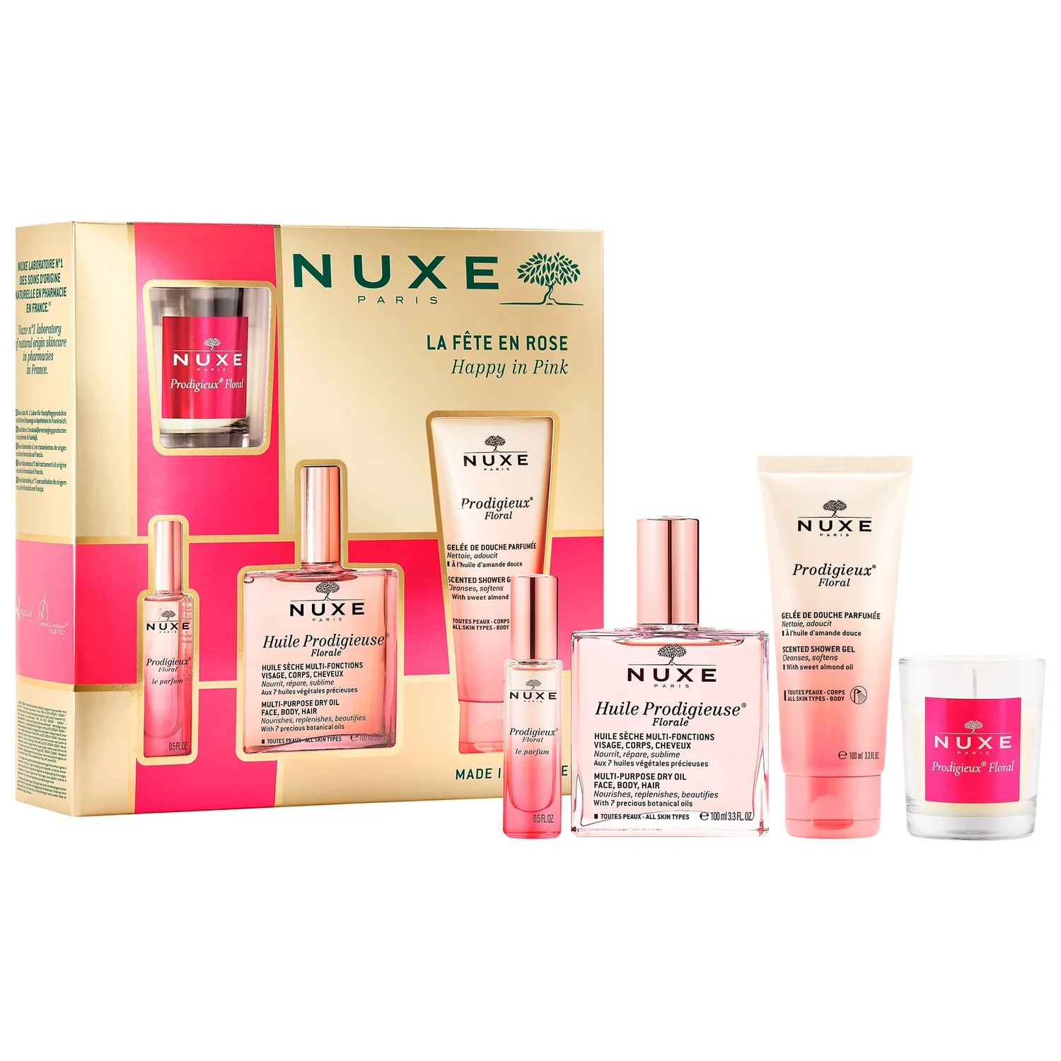 Nuxe suchy olejek pielęgnacyjny Huile Prodigieuse Florale, 100 ml  + żel pod prysznic Prodigieux Floral, 100 ml + perfumy Prodigieux Floral, 15 ml + świeca zapachowa, 70 g 