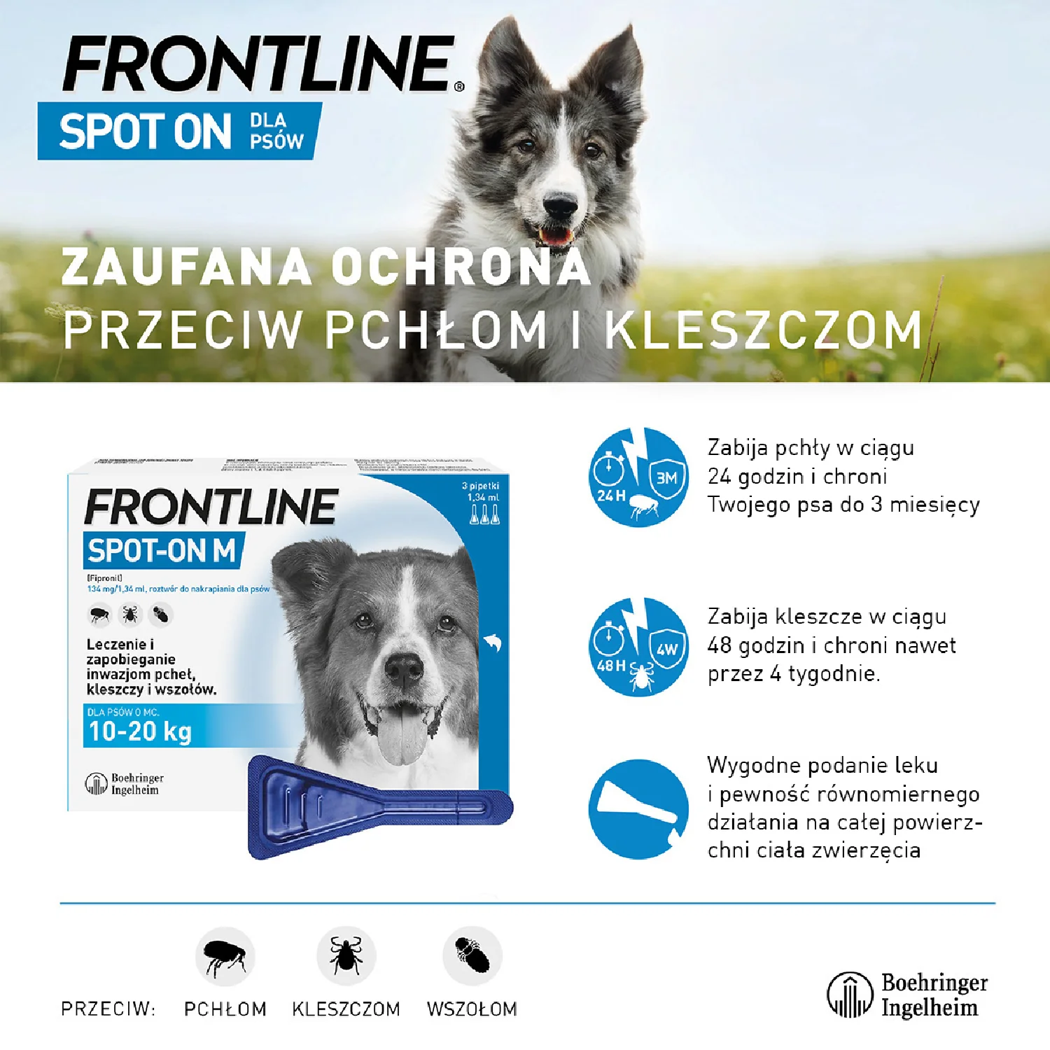 Frontline Spot-on M, 134 mg/1,34 ml, roztwór do nakrapiania dla psów 10-20 kg, 3 x 1,34 ml 