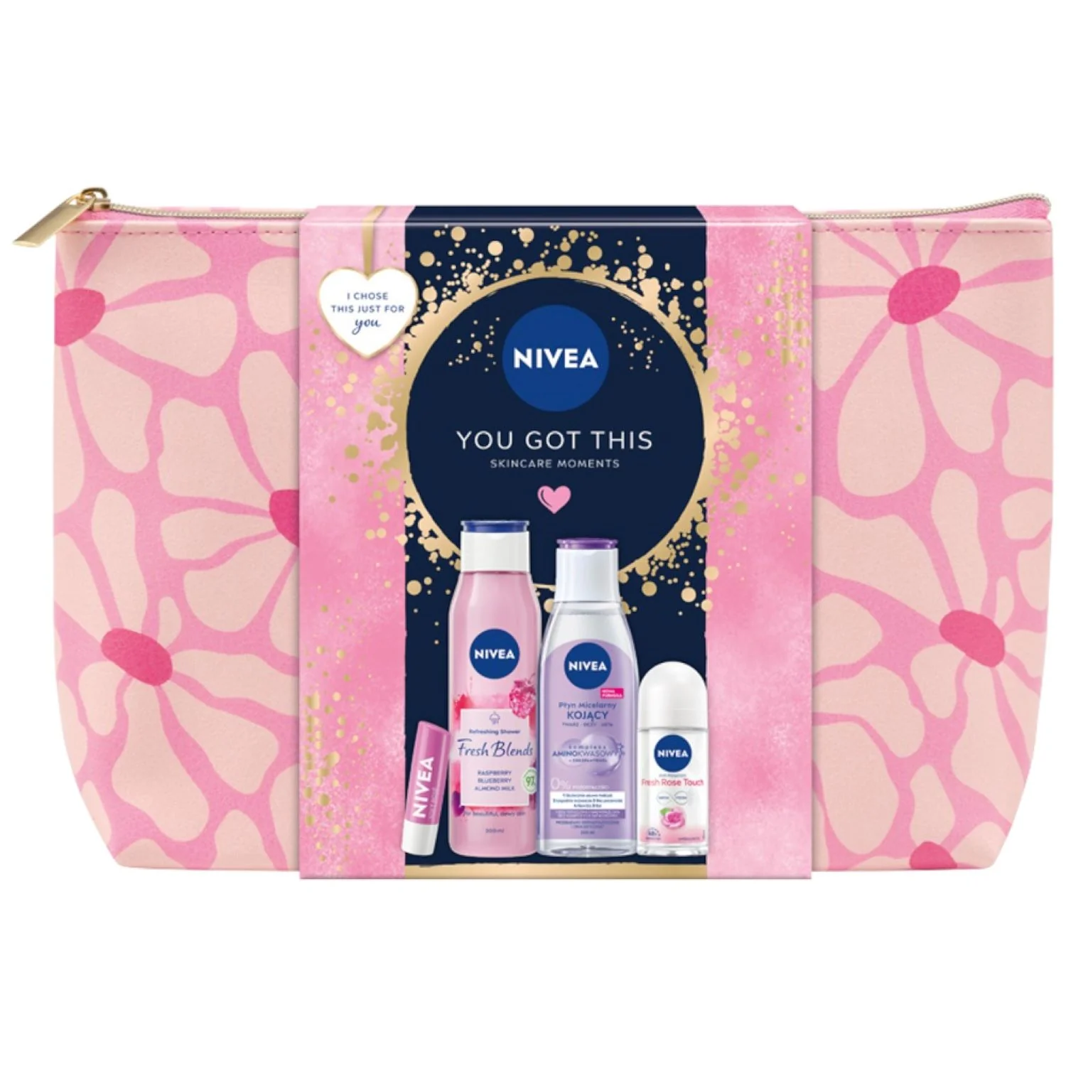 Nivea You Got This Rose antyperspirant roll-on, 50 ml + żel pod prysznic, 300 ml + pomadka do ust 4,8 g + kojący płyn micelarny, 200 ml