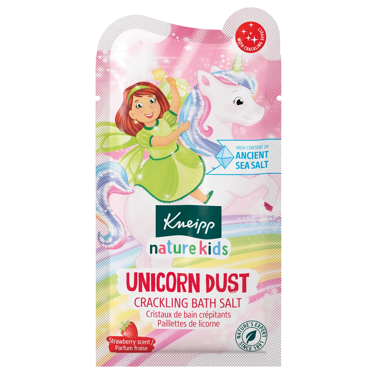 Kneipp Nature Kids Unicorn Dust strzelające kryształki soli do kąpieli pył jednorożca, truskawka, 60 g