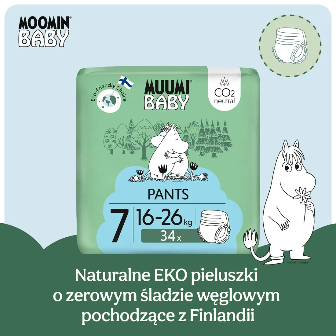 Muumi Baby Walkers 7 XL, Pieluchomajtki Ekologiczne 16-26 KG, 34 szt.