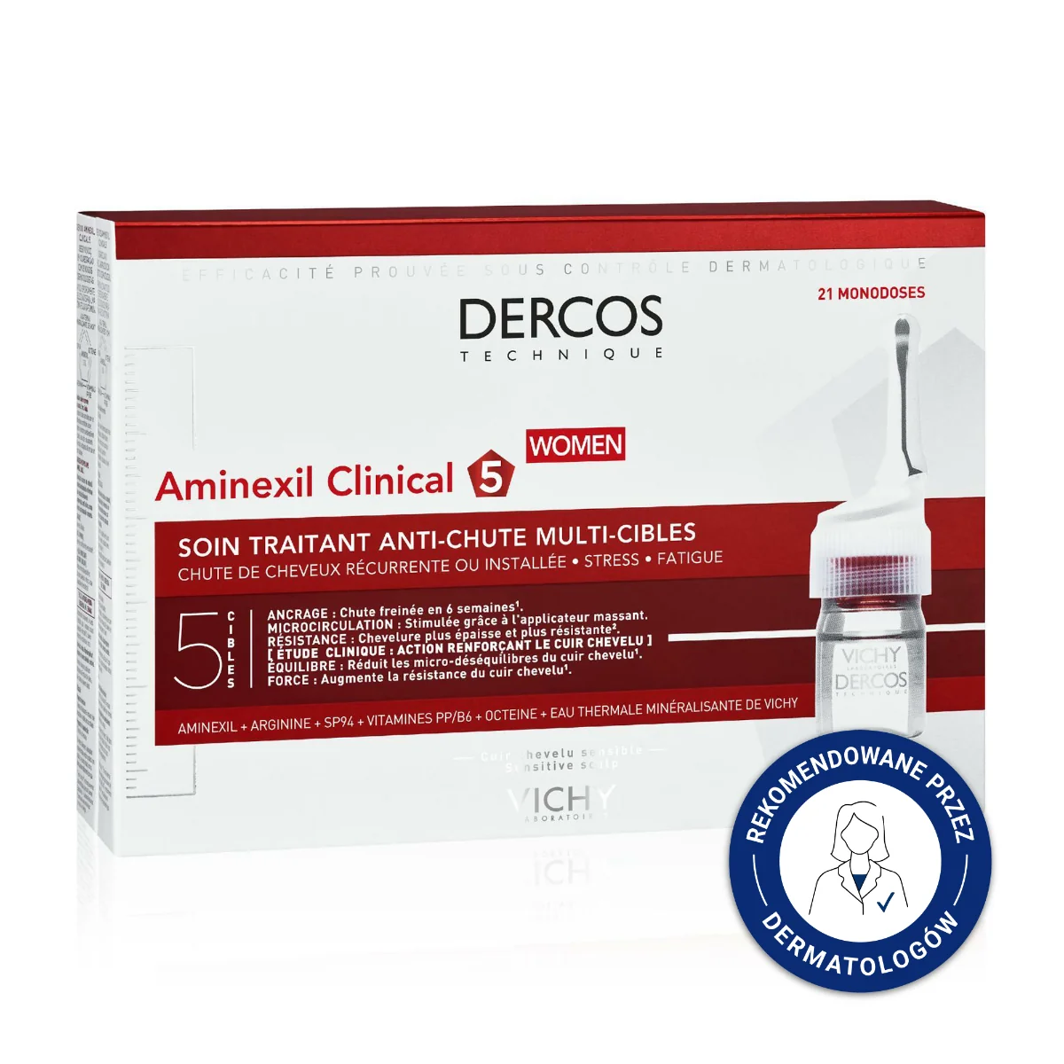 Vichy Dercos Aminexil Clinical 5 Kuracja przeciw wypadaniu włosów dla kobiet, 21 ampułek