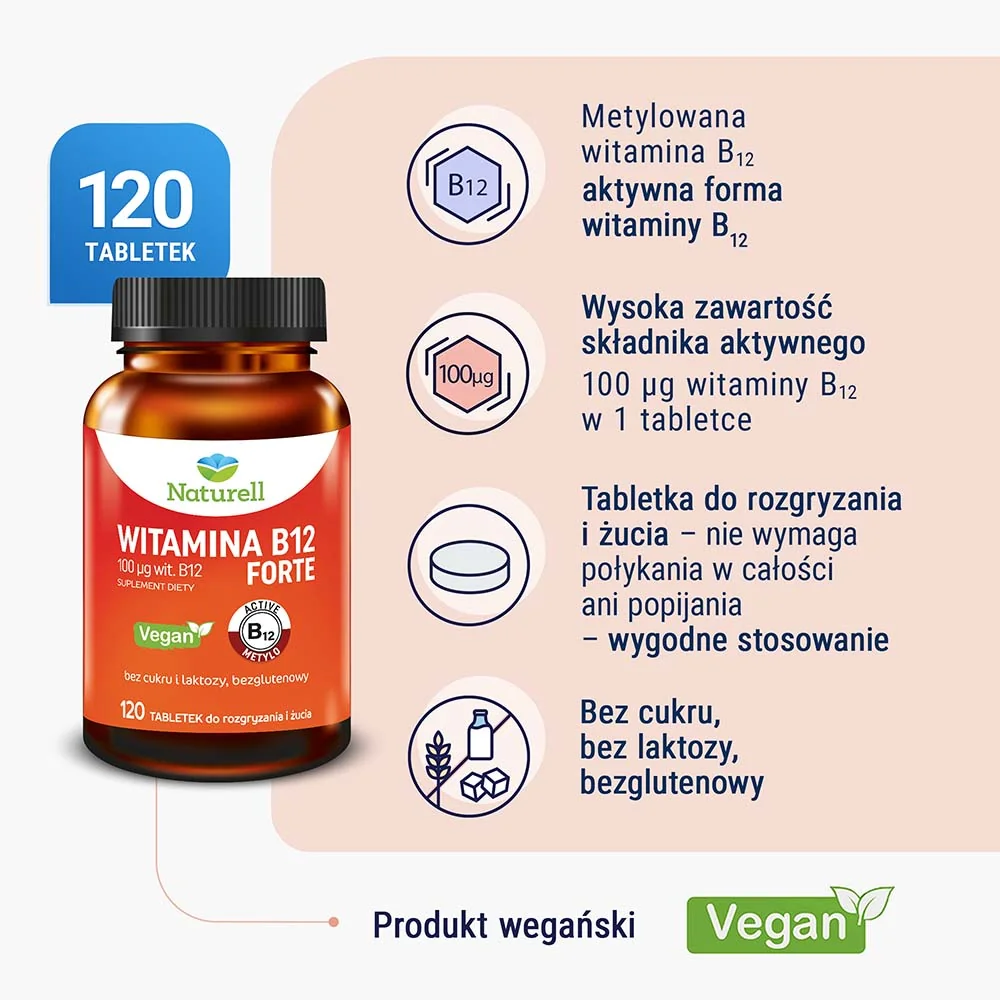 Naturell Witamina B12 Forte, 120 tabletek do rozgryzania i żucia